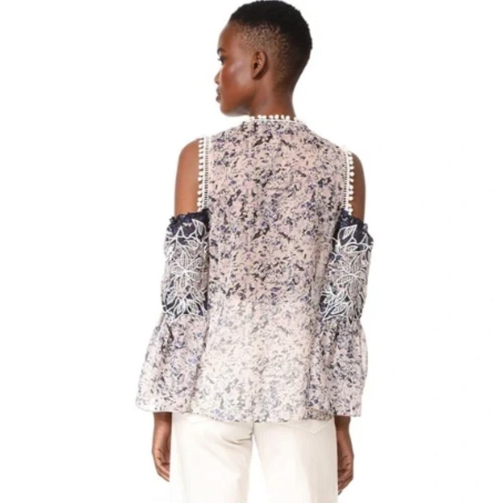 Kobi Halperin Liara Cold Shoulder Boho Pom Pom Blouse White Blue Lilac Small - Picture 2 of 12